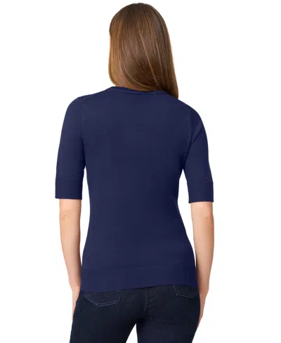 Melissa Paige Petite Crew-neck Elbow-sleeve Fine-gauge Sweater In Blue