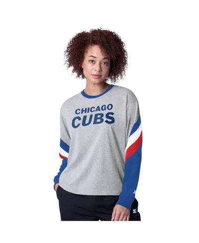 Starter Women's Heather Gray Chicago Cubs Triple A Fashion Color Block Long Sleeve Top In Blue