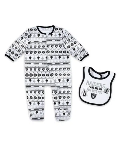 Wear By Erin Andrews Baby Boys And Girls Las Vegas Raiders Allover Print Full-zip Sleeper With Bib Set In White