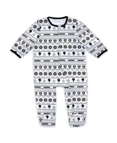 Wear By Erin Andrews Baby Boys And Girls Las Vegas Raiders Allover Print Full-zip Sleeper With Bib Set In White