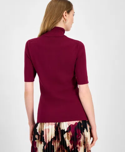 Anne Klein Mock Neck Short Sleeve Cotton Blend Sweater In Burgundy