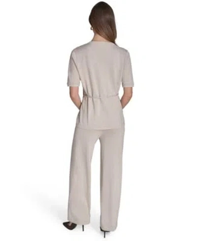 Halston Womens Metallic Tie Waist Round Neck Top High Rise Wide Leg Knit Pants
