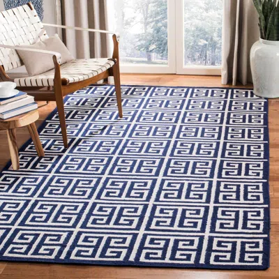 Safavieh Dhurries Hand Made Area Rug, Navy / Ivory Contemporary Style Non Shedding In Blue