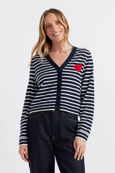 Chinti & Parker Navy-cream Merino Heart Breton Cardigan In Blue