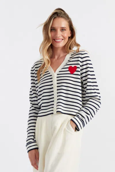 Chinti & Parker Cream-navy Merino Heart Breton Cardigan