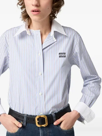 Miu Miu Striped Logo-embroidered Shirt In Blue