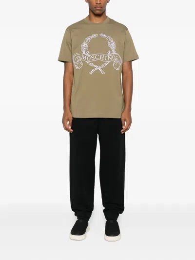 Moschino Cotton T-shirt With Contrasting Embroidered Logo In Brown