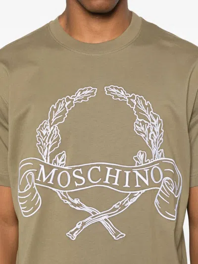 Moschino Cotton T-shirt With Contrasting Embroidered Logo In Brown