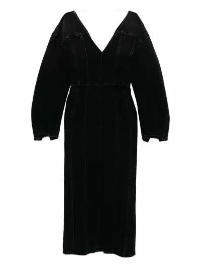 Haikure V-neck Puff-sleeve Midi Dress In Black
