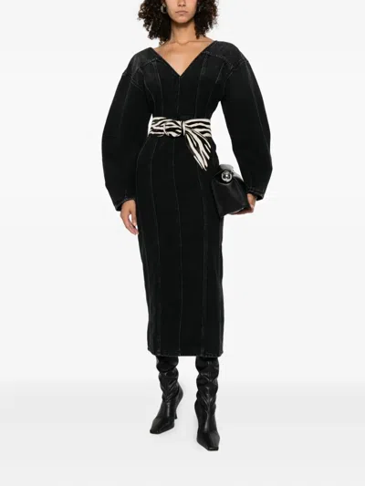 Haikure V-neck Puff-sleeve Midi Dress In Black