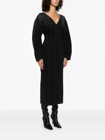 Haikure V-neck Puff-sleeve Midi Dress In Black