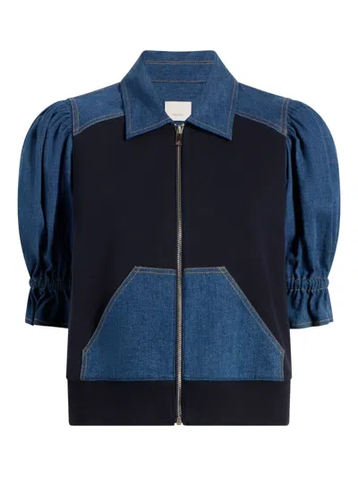 Cinq À Sept Susan Denim-panelled Puff-sleeve Jacket In Blue