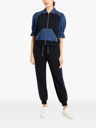 Cinq À Sept Susan Denim-panelled Puff-sleeve Jacket In Blue