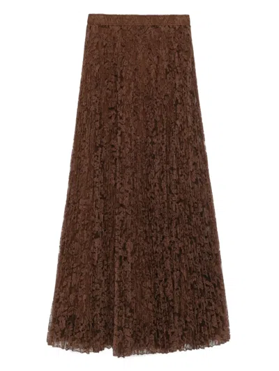 Ermanno Scervino Pleated Lace Maxi Skirt In Brown