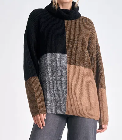 Elan Colorblock Turtle Neck Sweater In Black/brown In Multi