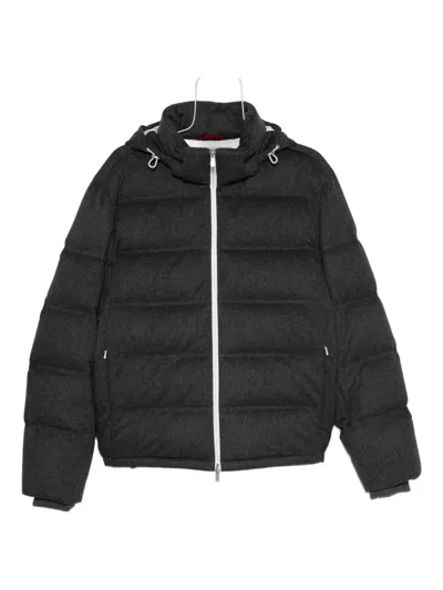 Brunello Cucinelli Men Grey Quilted Design Hooded Neckline Zip Fastening Long Sleeves In Black