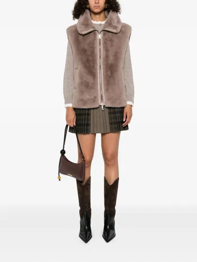 Pinko High Collar Faux Fur Vest In Beige In Brown