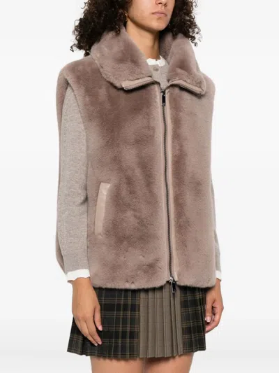 Pinko High Collar Faux Fur Vest In Beige In Brown