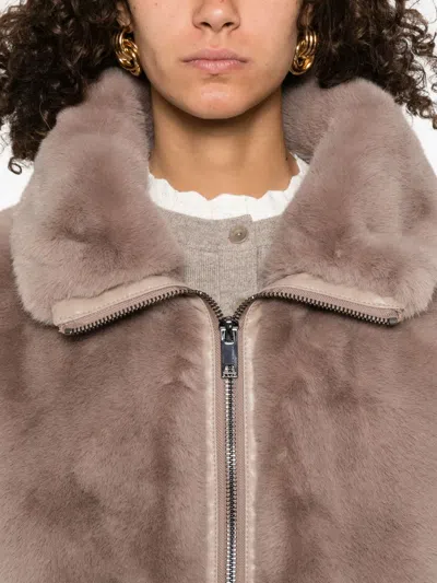 Pinko High Collar Faux Fur Vest In Beige In Brown