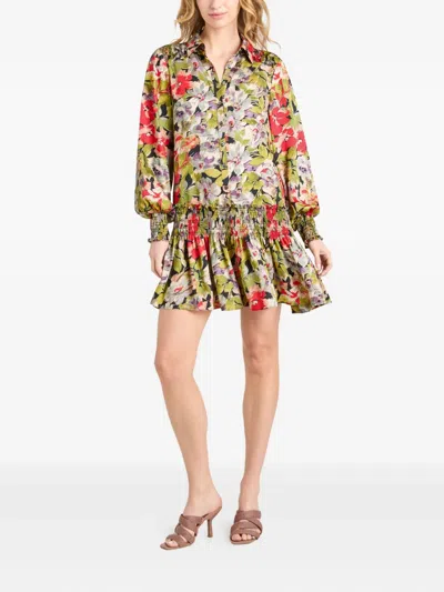 Cinq À Sept Damia Canyon Bloom Long Sleeve Minidress In Green