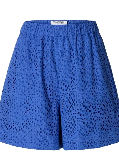 Selected Femme Perforated Elasticated-waistband Shorts In Blue