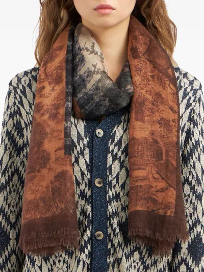 Pierre-louis Mascia Euclides Landscape-print Border Scarf In Brown