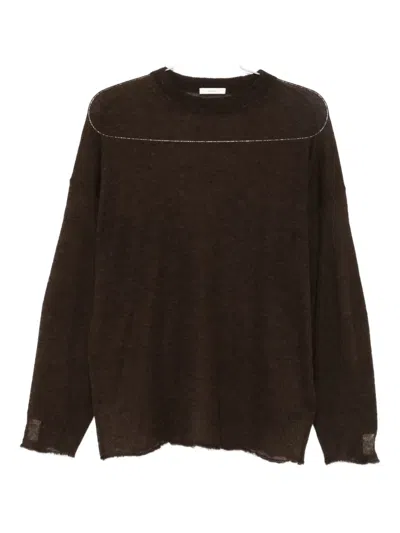 Haikure Frayed-hemline Round-neck Sweater In Brown