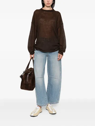 Haikure Frayed-hemline Round-neck Sweater In Brown