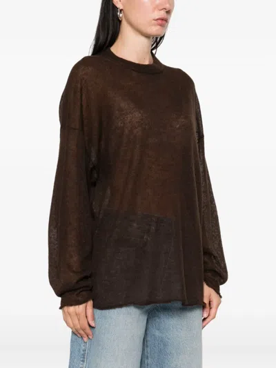 Haikure Frayed-hemline Round-neck Sweater In Brown
