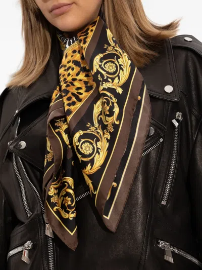 Versace Tiger-print Silk Scarf In Brown