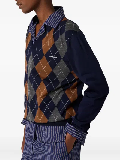 Miu Miu Argyle V-neck Wool Sweater In Blue