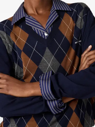 Miu Miu Argyle V-neck Wool Sweater In Blue