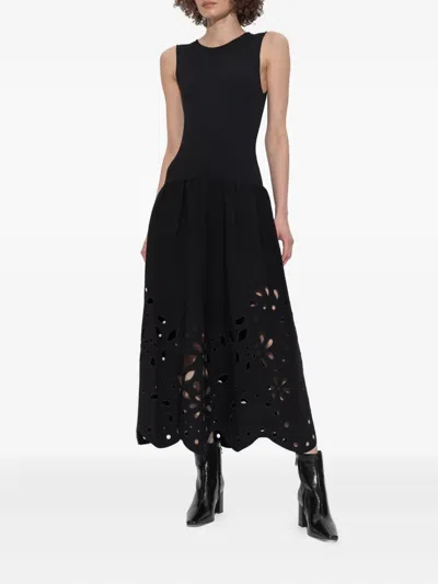 Ulla Johnson Rosaline Ribbed-knit And Broderie Anglaise Jersey Midi Dress In Black