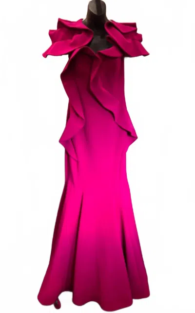 La Pateau Off The Shoulder Ruffle Mermaid Gown In Fuchsia