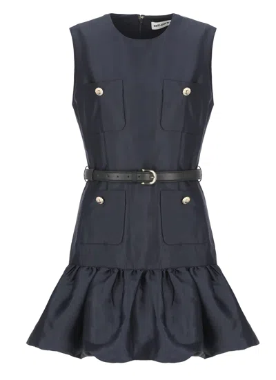 Self-portrait Crew Neck Taffeta Mini Dress With Ruffled Hem In Blue
