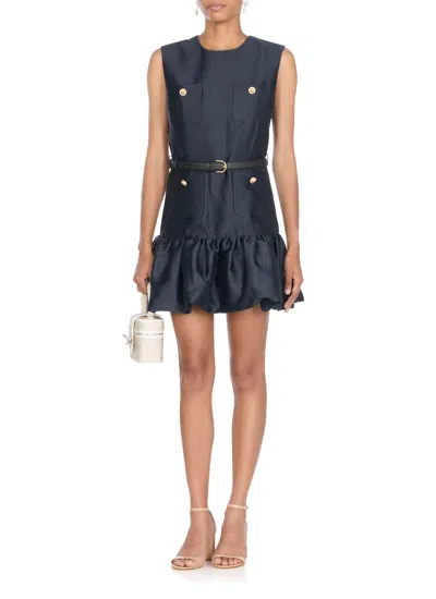Self-portrait Crew Neck Taffeta Mini Dress With Ruffled Hem In Blue