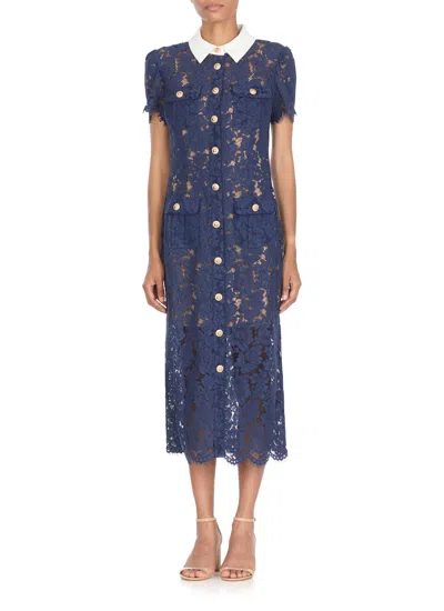 Self-portrait Navy Blue Dress With Front Button Fastening In Pink
