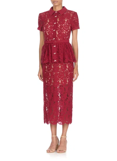 Self-portrait Bordeaux Lace Peplum Midi Dress In Burgundy