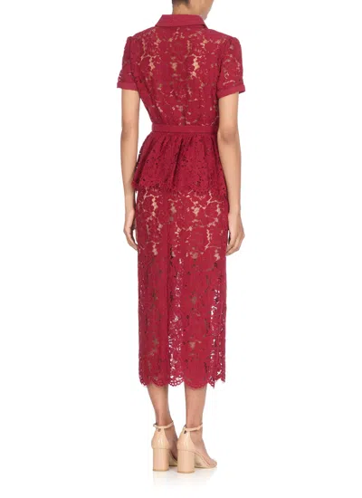 Self-portrait Bordeaux Lace Peplum Midi Dress In Burgundy