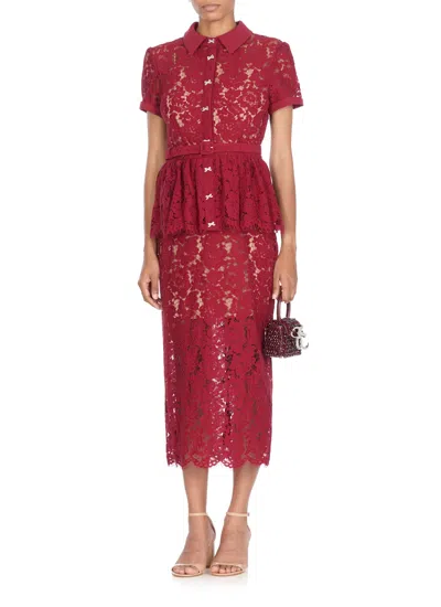 Self-portrait Bordeaux Lace Peplum Midi Dress In Burgundy