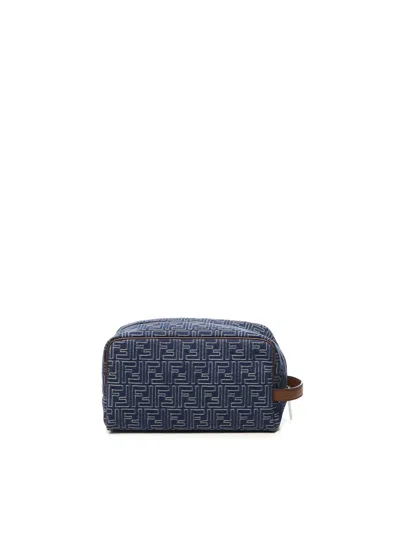 Fendi Medium Toiletry Case In Denim-effect Ff Jacquard In Blue