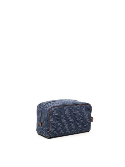 Fendi Medium Toiletry Case In Denim-effect Ff Jacquard In Blue