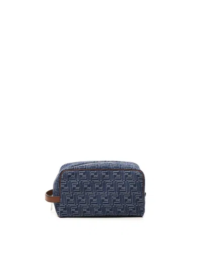 Fendi Medium Toiletry Case In Denim-effect Ff Jacquard In Blue