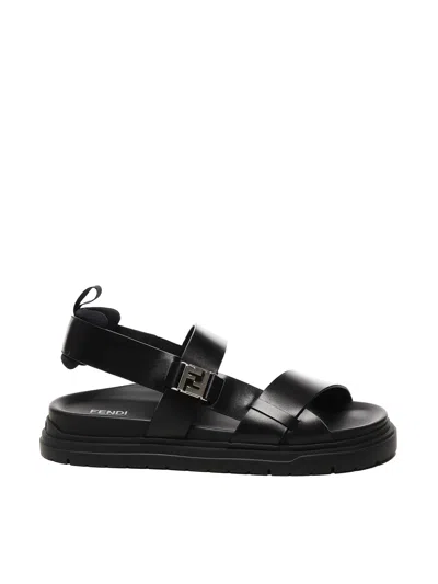 Fendi Ff Leather Sandals In Black
