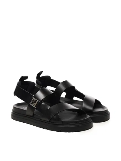 Fendi Ff Leather Sandals In Black