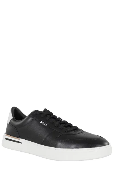 Hugo Boss Leather Trainers With Signature-stripe Details In Black