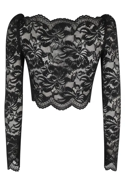 Rabanne Fitted Cropped Lace Top With Long Sleeves In Black