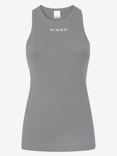Pinko Ribbed Knit Tank Top With Logo In Gray