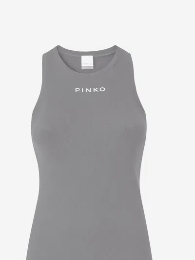 Pinko Ribbed Knit Tank Top With Logo In Gray