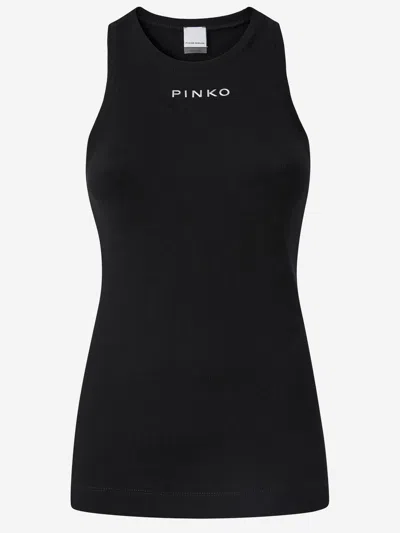 Pinko Crewneck Logo Ribbed Sleeveless Top In Black